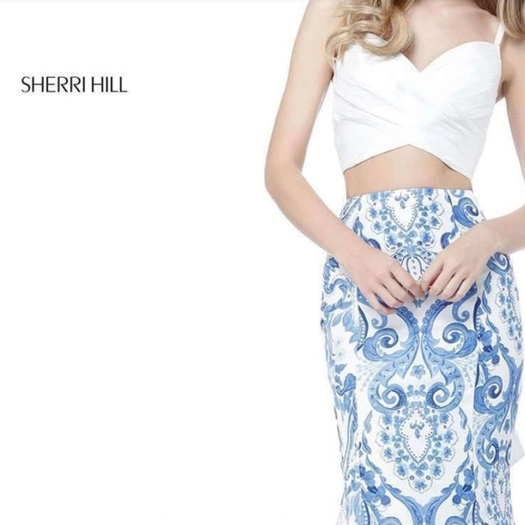 Sherri Hill Spring 2017 Collection Two Piece Mermaid Prom Dress Blue and White 4 - Picture 3 of 6